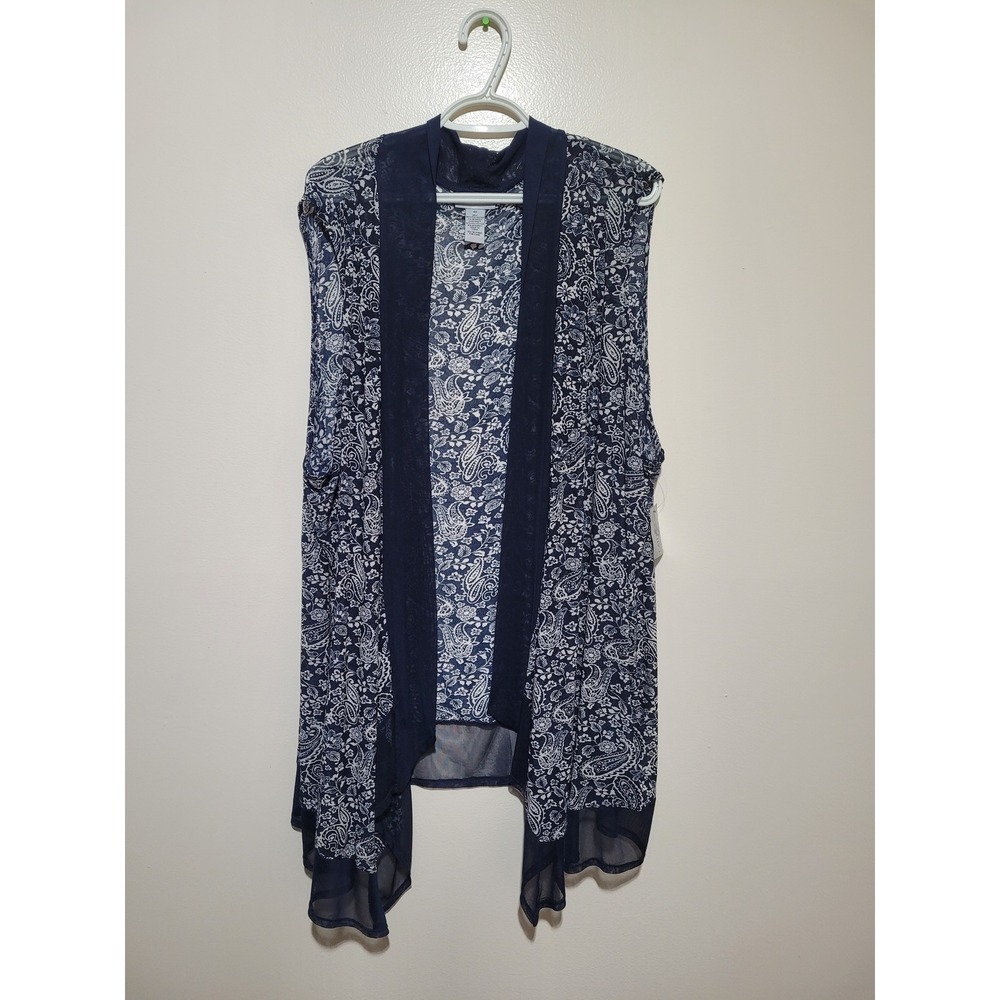 NWT Catherines Vest Womens 4X Navy Blue Paisley Open Front Sheer Hem NEW